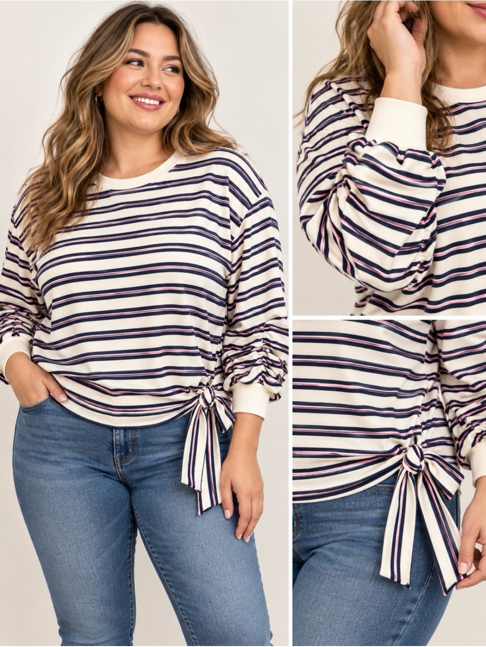 Kensie Jeans Striped Ruched Sleeve Side Tie French Terry Top Size L